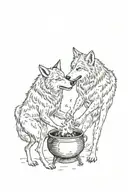 two wolves standing looking at each other, grabbing a cauldron tattoo design idea