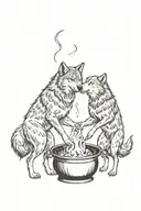 two wolves standing looking at each other, grabbing a cauldron tattoo design idea