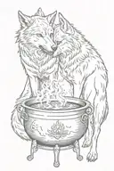 two wolves standing looking at each other, united by a cauldron tattoo design idea