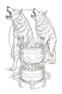 two wolves standing looking at each other, united by a cauldron tattoo design idea