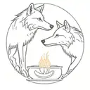 two wolves standing looking at each other, united by a cauldron tattoo design idea