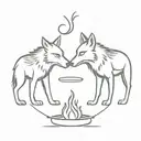 two wolves standing looking at each other, united by a cauldron tattoo design idea