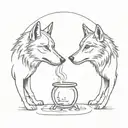 two wolves standing looking at each other, united by a cauldron tattoo design idea