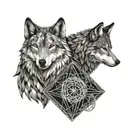 two wolves standing looking at each other, united by a cauldron tattoo design idea