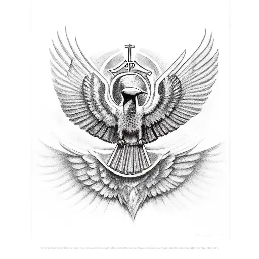 horus holding a catholic cross, spread wings, falcon tattoo design idea