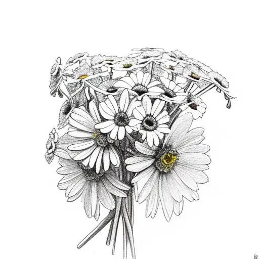 marigold, daisy, larkspur, and narcissus bouquet  tattoo design idea
