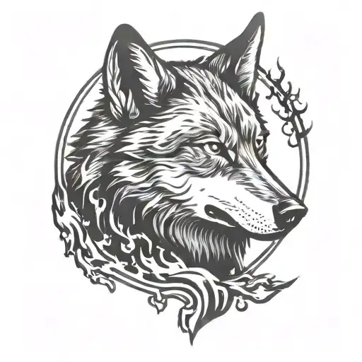 silhouette of a wolf with a half circle  on fire representing the sun black and white tattoo design idea