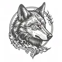 silhouette of a wolf with a half circle  on fire representing the sun black and white tattoo design idea