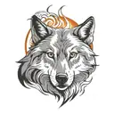 silhouette of a wolf with a half circle  on fire representing the sun black and white tattoo design idea