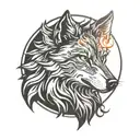 silhouette of a wolf with a half circle  on fire representing the sun black and white tattoo design idea