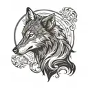 silhouette of a wolf with a half circle  on fire representing the sun black and white tattoo design idea