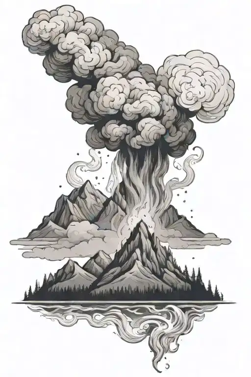 fire with swirling smoke, rising into mountains and treeline under the night sky  tattoo design idea