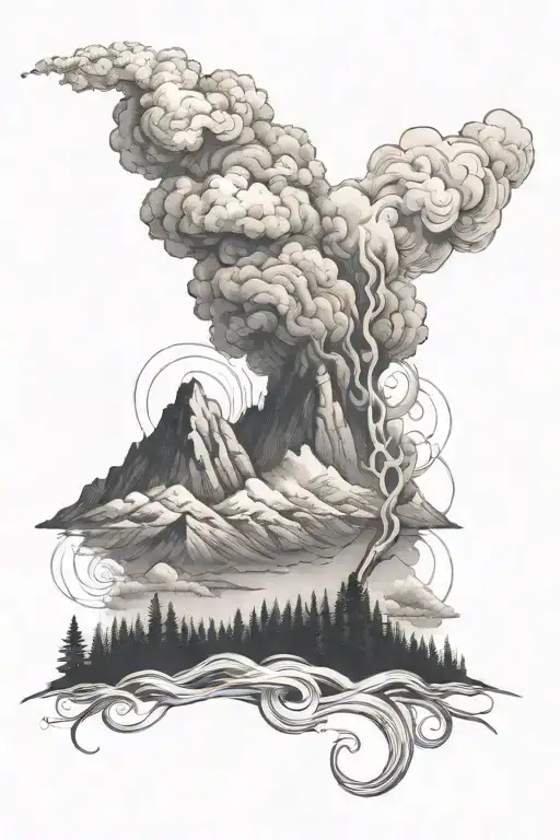 fire rising, swirling smoke, mountains above, night sky with treelinr tattoo design idea