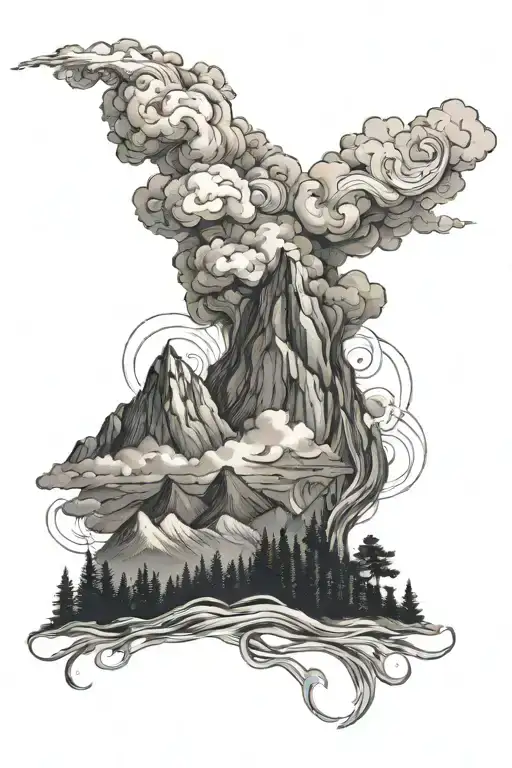 fire rising, swirling smoke, mountains above, night sky with treelinr tattoo design idea