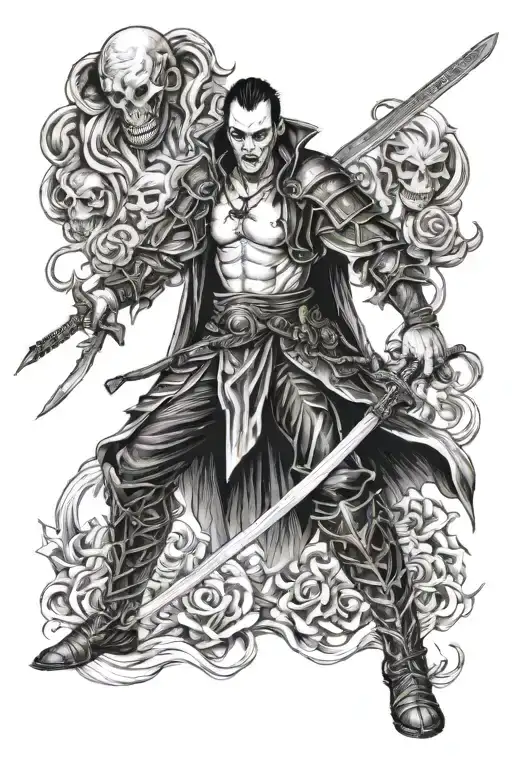 vampire godly warrior with huge swords and ramdomly japanese words around him tattoo design idea
