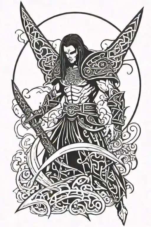 vampire godly warrior with huge swords and ramdomly japanese words around him tattoo design idea