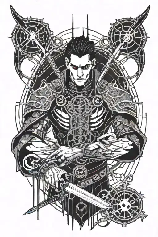 vampire handsome godly warrior with huge swords and ramdomly japanese words around him tattoo design idea