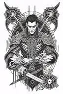 vampire handsome godly warrior with huge swords and ramdomly japanese words around him tattoo design idea