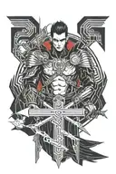 vampire handsome godly warrior with huge swords and ramdomly japanese words around him tattoo design idea