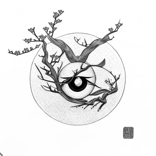 Cherry Blossom, mountain and evil eye tattoo design idea