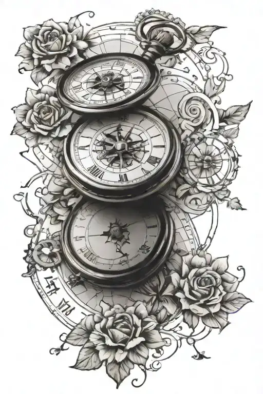 pocket watch vintage map compass floral tattoo design idea