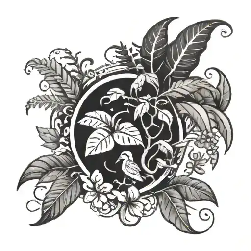 A reggae-inspired tattoo design featuring a jungle scene with music notes intertwined with vines and flowers tattoo design idea