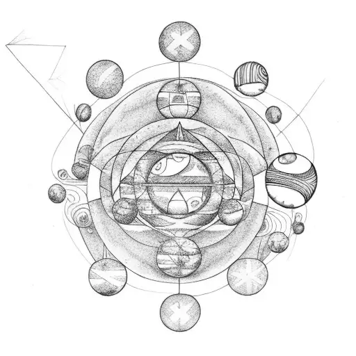 3 connected orbs. 1 with Icarus falling, 1 with a Forrest and log cabin, 1 with devil shaking hands tattoo design idea