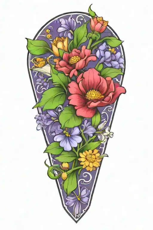 daisy, violet, carnation, lilly of the valley, crysanthemum, Cross, book  tattoo design idea