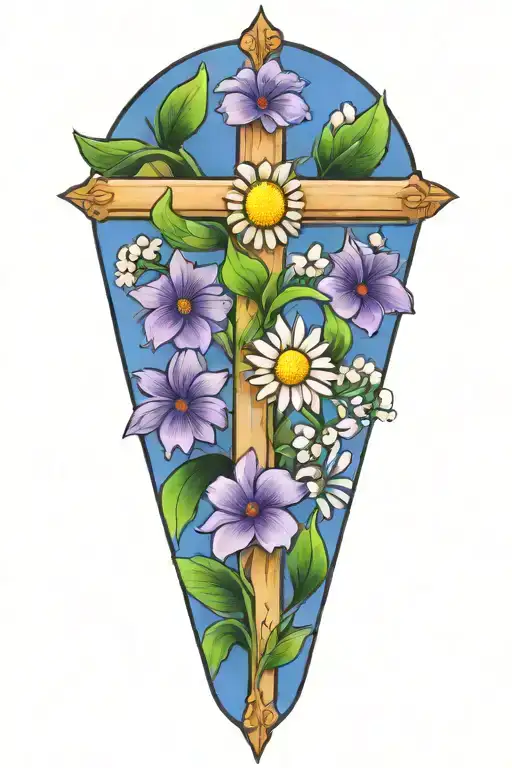 Cross with daisy, violet lilly of the valley, crysanthemum, carnation  tattoo design idea