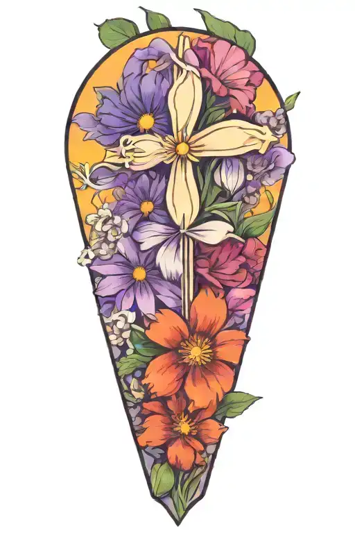 daisy, violet, carnation, lilly of the valley, crysanthemum, Cross, book  tattoo design idea