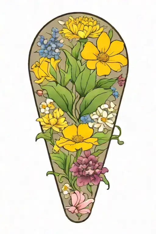 daisy, violet, carnation, lilly of the valley, crysanthemum  tattoo design idea