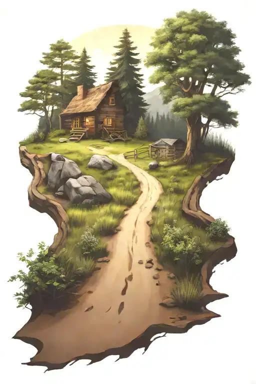 dirt path leading towards a cabin in the middle of the woods  tattoo design idea