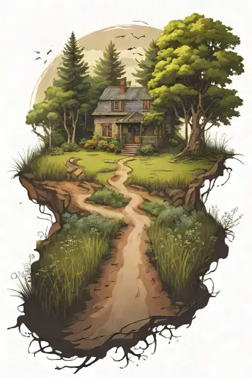 dirt path leading towards a house in the middle of the woods  tattoo design idea