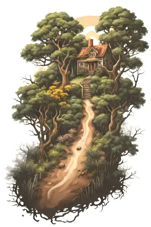dirt path leading towards a house in the middle of trees tattoo design idea