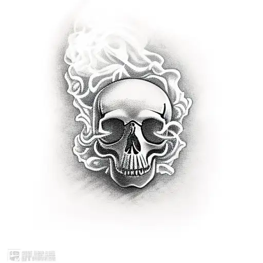 Hand holding a cigarette and the smoke of this cigarette go up and become a draw of a skull tattoo design idea