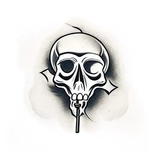 Hand holding a cigarette and the smoke of this cigarette go up and become a draw of a skull tattoo design idea