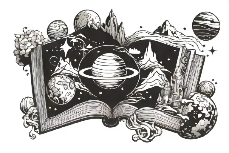 open book with planets and magic and crystals and mountains tattoo design idea