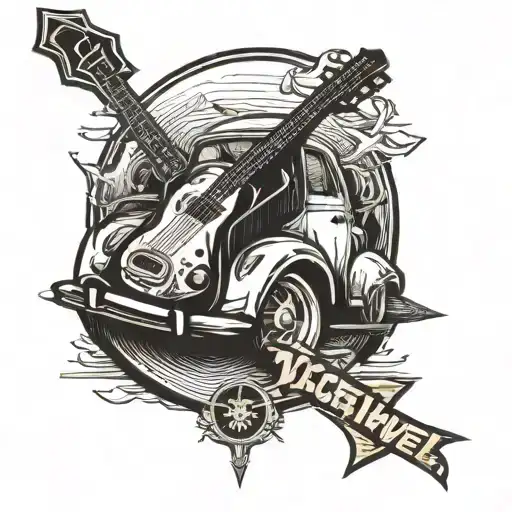 a logo that says ''vluchtheuvel'' with an old volvo 740 and a couple cigarettes, beers, wrenches and a electric guitar   tattoo design idea