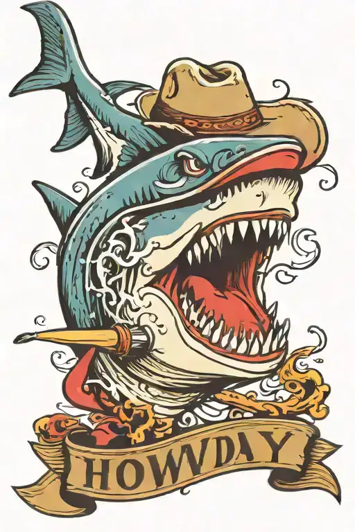 shark smoking a cigarette with a cowboy hat and the word "howdy"  tattoo design idea