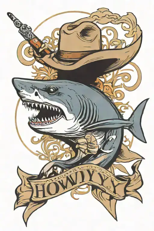 shark smoking a cigarette with a cowboy hat and the word "howdy"  tattoo design idea