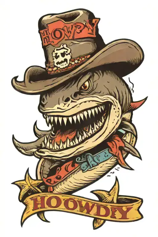 shark smoking a cigarette with a cowboy hat and the word "howdy"  tattoo design idea