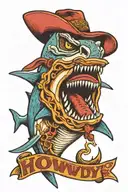 shark smoking a cigarette with a cowboy hat and the word "howdy"  tattoo design idea