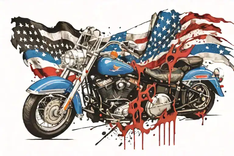 Thin Blue line flag coming out of harley davidson motorcycle tattoo design idea