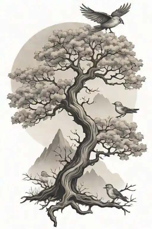 Oak tree, misty mountains, and three little birds tattoo design idea