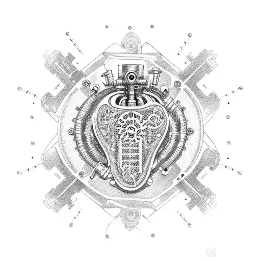 A mechanical heart with intricate gears and pistons surrounded by the names of family members tattoo design idea