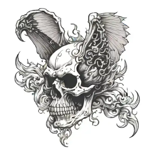 skull with smoke coming from its eyes. demon wings tattoo design idea