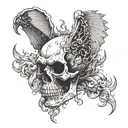 skull with smoke coming from its eyes. demon wings tattoo design idea