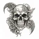 skull with smoke coming from its eyes. demon wings tattoo design idea