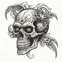 skull with smoke coming from its eyes. demon wings tattoo design idea