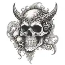 skull with smoke coming from its eyes. demon wings tattoo design idea